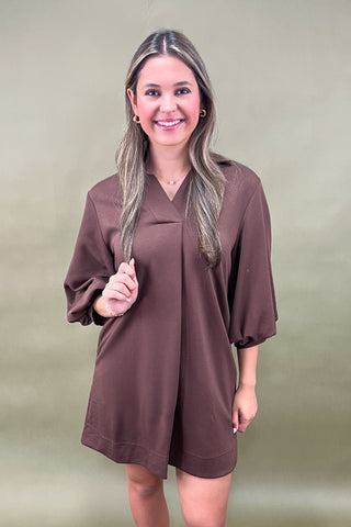 Woman wearing a brown dress with a plain background