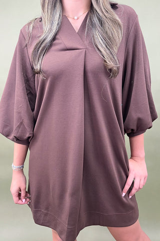 Person wearing a brown dress with balloon sleeves against a plain background