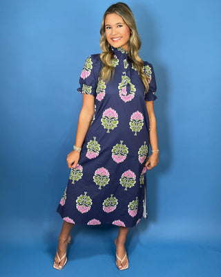  navy blue midi dress with pink and green floral block prints,