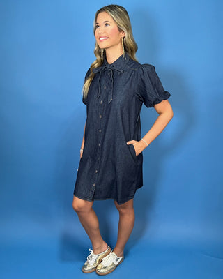 a dark indigo denim short-sleeve button-down shirt dress with a tie-neck detail