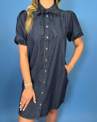 a dark indigo denim short-sleeve button-down shirt dress with a tie-neck detail