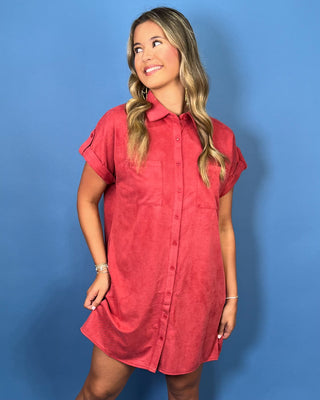a coral red short-sleeve button-down shirt dress