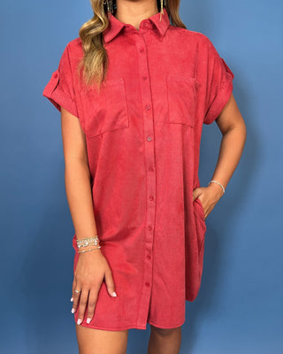 a coral red short-sleeve button-down shirt dress