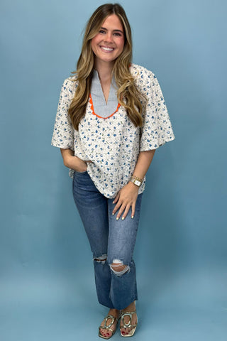 Floral Paradise Blue Floral Embroidered Top