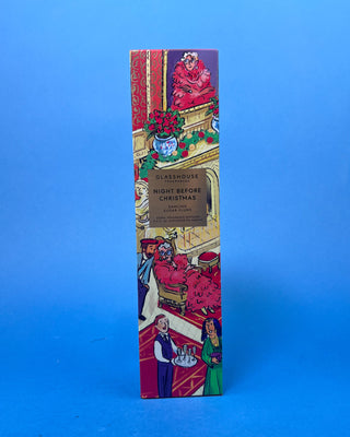 Holiday reed diffuser with Dancing Sugar Plums scent by Glasshouse Fragrances in collectible Christmas packaging