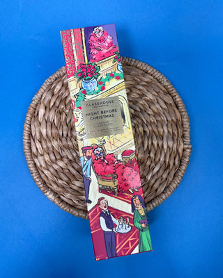 Holiday reed diffuser with Dancing Sugar Plums scent by Glasshouse Fragrances in collectible Christmas packaging
