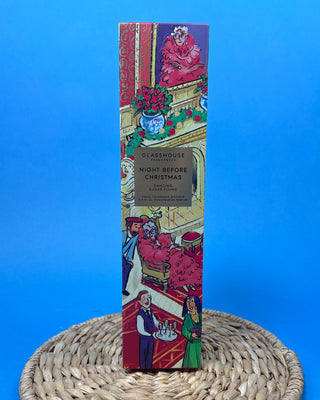 Holiday reed diffuser with Dancing Sugar Plums scent by Glasshouse Fragrances in collectible Christmas packaging