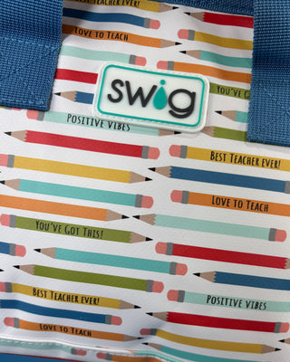 Swig Lunchi insulated lunch bag in multiple colorful prints with waterproof exterior, zipper closure, carry handles, and food-safe insulated lining.
