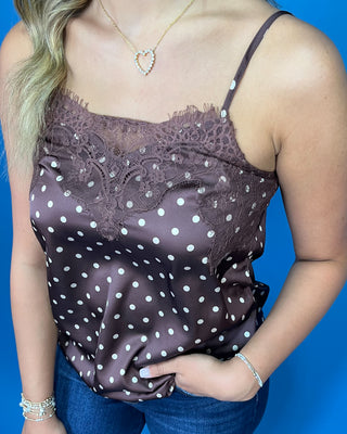 Chocolate brown satin polka dot camisole with lace and sequin trim and delicate spaghetti straps.