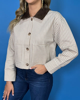 Brown and ivory gingham cropped jacket with contrast corduroy collar, button front, and patch pockets.