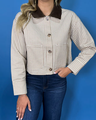 Brown and ivory gingham cropped jacket with contrast corduroy collar, button front, and patch pockets.