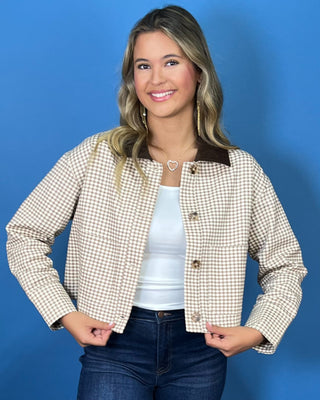 Brown and ivory gingham cropped jacket with contrast corduroy collar, button front, and patch pockets.