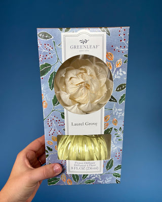 A hand holds a Greenleaf London Laurel Grove scented flower diffuser in its retail packaging against a solid blue background. The packaging features a light blue floral pattern and a clear window showing the cream-colored flower and pale yellow liquid inside.