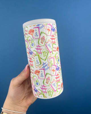 Mahjong Themed Slim Can Cooler Displayed Against a Solid Blue Background. 