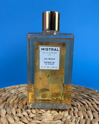 Mistral Luxury Shower Gel in Vai Beach and Palombaggia fragrances, 8.7 fl oz French-made foaming body wash with botanical packaging, aloe, chamomile water, and sweet almond oil for soft, refreshed skin.