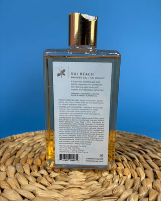 Mistral Luxury Shower Gel in Vai Beach and Palombaggia fragrances, 8.7 fl oz French-made foaming body wash with botanical packaging, aloe, chamomile water, and sweet almond oil for soft, refreshed skin.