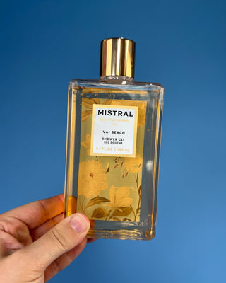 Mistral Luxury Shower Gel in Vai Beach and Palombaggia fragrances, 8.7 fl oz French-made foaming body wash with botanical packaging, aloe, chamomile water, and sweet almond oil for soft, refreshed skin.