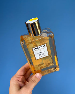 Mistral Luxury Shower Gel in Vai Beach and Palombaggia fragrances, 8.7 fl oz French-made foaming body wash with botanical packaging, aloe, chamomile water, and sweet almond oil for soft, refreshed skin.