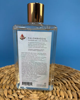 Mistral Luxury Shower Gel in Vai Beach and Palombaggia fragrances, 8.7 fl oz French-made foaming body wash with botanical packaging, aloe, chamomile water, and sweet almond oil for soft, refreshed skin.