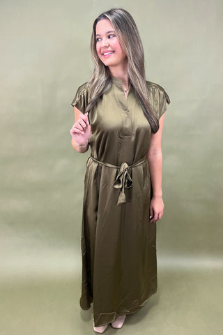 Olive satin midi dress with tie waist, cap sleeves, and v-neckline—an elegant and versatile look for day to night
