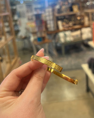 Weisinger Designs Lord's Prayer Gold Bangle Bracelet. Clasp Open and Close Bracelet, Adult Size displayed in a sto
