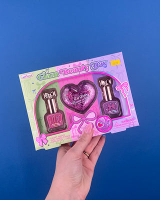 Shop the Glam Beauty Day Gift Set featuring a heart-shaped lip balm, lip applicator, and two nail polishes. A fun beauty gift for kids ages 5+.
