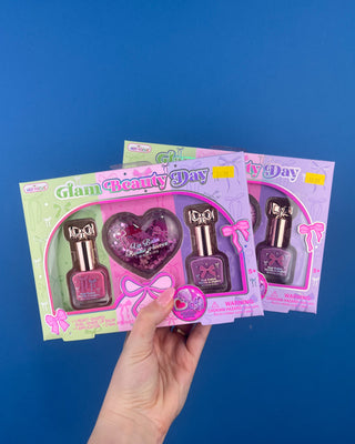 Shop the Glam Beauty Day Gift Set featuring a heart-shaped lip balm, lip applicator, and two nail polishes. A fun beauty gift for kids ages 5+.