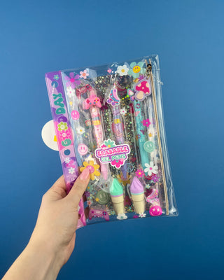 Shop the Click & Erasable Gel Pens Set with 3 erasable gel pens, 2 highlighters, sticker sheet, and reusable binder pouch for school and gifts.