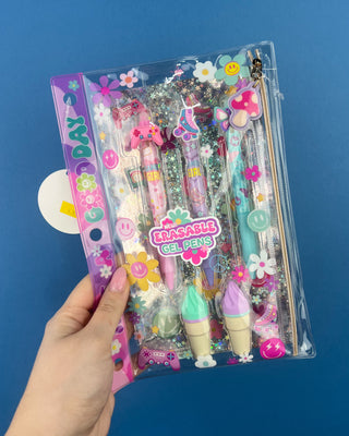 Shop the Click & Erasable Gel Pens Set with 3 erasable gel pens, 2 highlighters, sticker sheet, and reusable binder pouch for school and gifts.