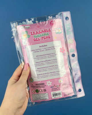 Shop the Click & Erasable Gel Pens Set with 3 erasable gel pens, 2 highlighters, sticker sheet, and reusable binder pouch for school and gifts.