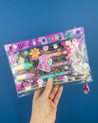 Shop the Click & Erasable Gel Pens Set with 3 erasable gel pens, 2 highlighters, sticker sheet, and reusable binder pouch for school and gifts.