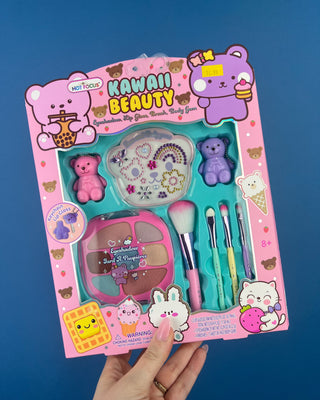 Shop the Kawaii Beauty Critters Makeup Set with eyeshadow, 2 scented lip glosses, 4 brushes, and face gems. Perfect for gifts, dress-up, and fun.