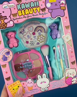 Shop the Kawaii Beauty Critters Makeup Set with eyeshadow, 2 scented lip glosses, 4 brushes, and face gems. Perfect for gifts, dress-up, and fun.