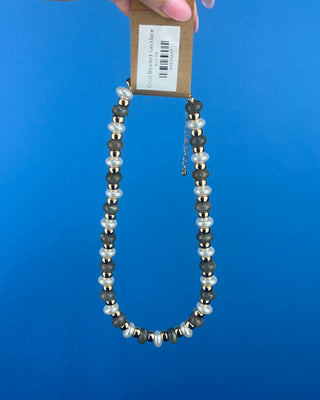 Shop the Coco Beaded Necklace in Brown & Gray featuring marbled beads, faux pearls, gold accents, and an adjustable chain. More Colors available.