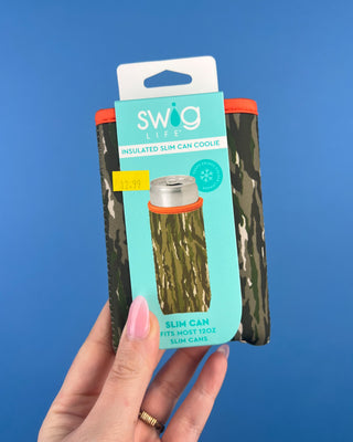 Shop the Swig Woodland Camo Coolies for cans and slim cans. Insulated, reusable sleeves with card pocket, hand strap, and rugged camo style.