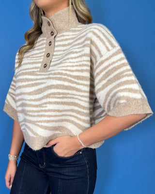 Taupe and ivory zebra stripe sweater with a button mock neck, short sleeves, and relaxed fit.