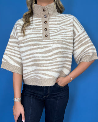 Taupe and ivory zebra stripe sweater with a button mock neck, short sleeves, and relaxed fit.
