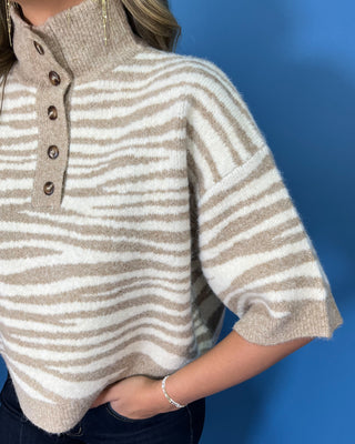 Taupe and ivory zebra stripe sweater with a button mock neck, short sleeves, and relaxed fit.