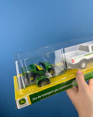 Shop the John Deere Pickup Hauling Set featuring a pickup truck, trailer, and riding mower. Officially licensed by John Deere for ages 3+.