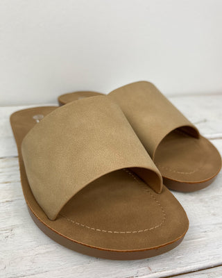 Pair of brown sandals on a light wooden surface
