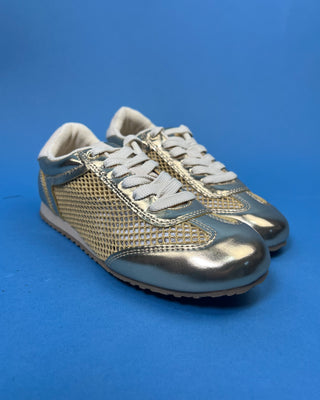 Shop the Gold Mesh Metallic Accent Sneaker featuring breathable mesh, metallic gold accents, cushioned comfort, and a lightweight everyday design.