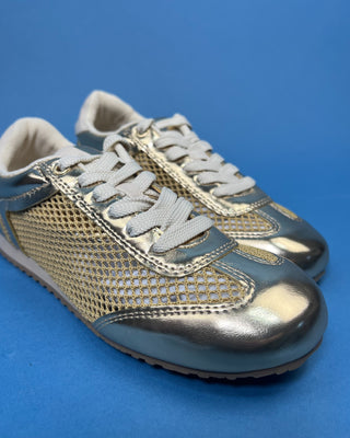 Shop the Gold Mesh Metallic Accent Sneaker featuring breathable mesh, metallic gold accents, cushioned comfort, and a lightweight everyday design.