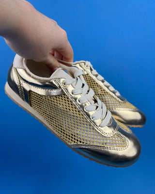 Shop the Gold Mesh Metallic Accent Sneaker featuring breathable mesh, metallic gold accents, cushioned comfort, and a lightweight everyday design.