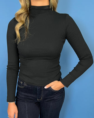 Black fitted mock neck top with long sleeves and a sleek, versatile silhouette.