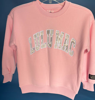 Candy Pink & Camo Crewneck featuring embroidered camo lettering, soft fleece lining, and a cozy everyday fit for kids.