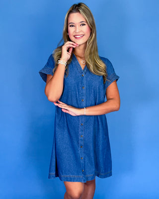 Woman wearing a blue denim dress against a blue background