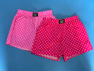 Polka Dot Boxer Shorts featuring a pink and white polka dot print, 100% cotton, elastic waistband, and relaxed fit.