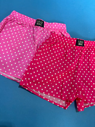 Polka Dot Boxer Shorts featuring a pink and white polka dot print, 100% cotton, elastic waistband, and relaxed fit.