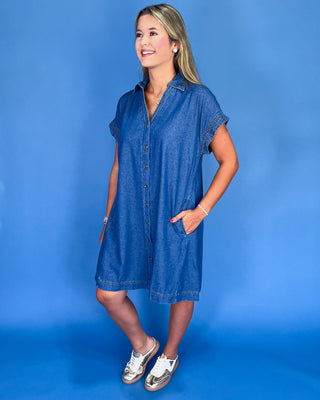 Woman wearing a blue denim dress against a blue background