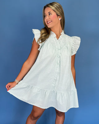 Woman wearing a light blue dress with ruffled sleeves against a blue background